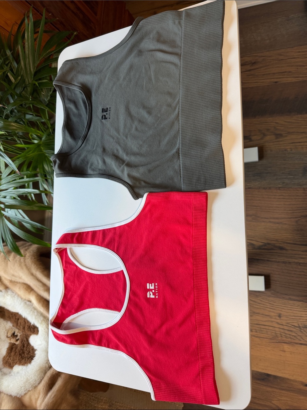 P.E Nation Ribbed Racerback Crop Tops in Olive and Red Bundle of 2 13” band